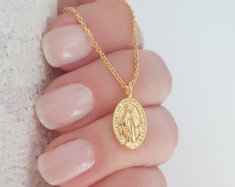 Collar Medalla Milagrosa de la Virgen María en Plata 925 bañada en Oro, Regalo de la Virgen María, Confirmación, Primera Comunión, Niña, Hija