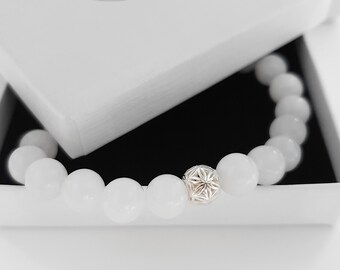Lebensblümchen Perle Boho Armband Jade Weiß Ø 8mm - 925 Silber Naturstein - Geschenkidee Mutter Armkettchen Freundin Damen