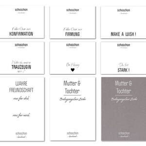 Puede incluir: Nueve tarjetas blancas con texto negro. Las tarjetas tienen diferentes mensajes, incluyendo "Alles Gute zur KONFIRMATION", "Alles Gute zur FIRMUNG", "MAKE A WISH!", "Willst du meine TRAUZEUGIN sein?", "Be Happy", "Du bist STARK!", "WAHRE FREUNDSCHAFT eine f&uuml;r dich eine f&uuml;r mich", "Mutter & Tochter Bedingungslose Liebe" y "Mutter & Tochter Bedingungslose Liebe".