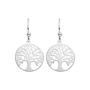 Könnte beinhalten: Silberne Lebensbaum-Ohrringe mit einem zarten, filigranen Design. Die Ohrringe sind rund und zeigen eine detaillierte Baum-Silhouette.