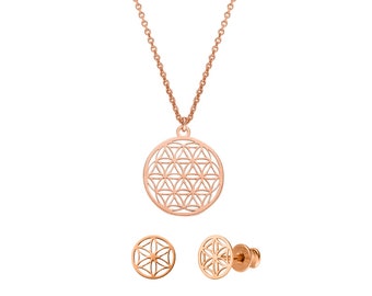 SCHOSCHON Blume des Lebens Schmuckset Halskette Ohrstecker 925 Silber rosevergoldet | Lebensblume Kette Ohrringe flower of life