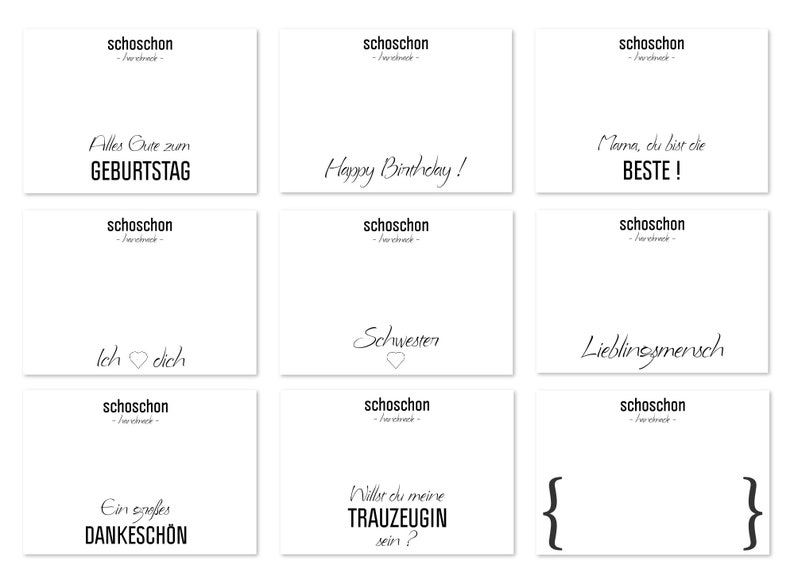 Puede incluir: Nueve tarjetas de felicitaci&oacute;n en blanco con texto negro sobre fondo blanco. El texto incluye "Happy Birthday!" "Alles Gute zum Geburtstag" "Mama, du bist die BESTE!" "Ich &hearts; dich" "Schwestern" "Lieblingsmensch" "Ein gro&szlig;es DANKESCH&Ouml;N" "Willst du meine TRAUZEUGIN sein?" y "{ }"