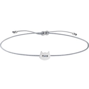Könnte beinhalten: Ein verstellbares Armband aus grauem Kordel mit einem silbernen Katzenanhänger.