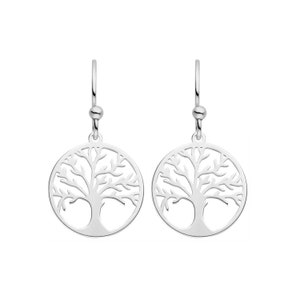 Könnte beinhalten: Silberne Lebensbaum-Ohrringe mit einem zarten, filigranen Design. Die Ohrringe sind im Hänge-Stil mit einer kleinen Kugel an der Oberseite des Hakens.