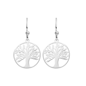 Könnte beinhalten: Silberne Baum des Lebens Ohrringe mit einem runden Design. Die Ohrringe sind im Hänge-Stil mit einer kleinen Kugel an der Spitze des Hakens.