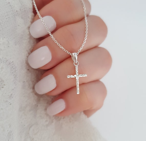 Halskette Kreuz diamantiert Silber 925 - Kreuzkette Schulanfang Mädchen Geschenk Konfirmation Mädchen Christlich Schmuck Firmung Kommunion