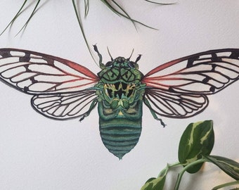 Emerald Cicada Original Watercolor Painting l Insect Decor