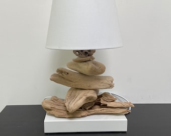 Handmade table lamp made of driftwood