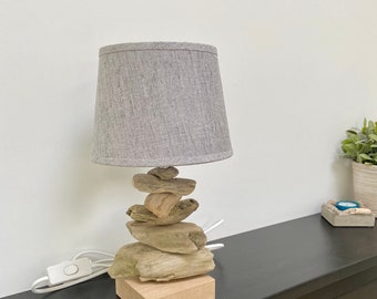 Handmade table lamp made of driftwood lampshade in a linen look