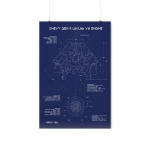Puede incluir: Un póster de plano que presenta un esquema detallado de un motor Chevy Gen III LS1/LS6 V8. El póster incluye diagramas técnicos, medidas y etiquetas de texto, con una ilustración de la vista frontal.
