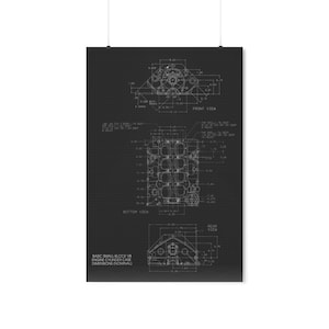 Poster premium opachi - Small Block Chevy (SBC), collezione d'arte del progetto del blocco motore, scuro, scheletro, arte del disegno meccanico.