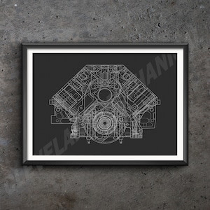 Puede incluir: Plano enmarcado de un motor, con dibujo lineal blanco sobre fondo negro. La detallada ilustración mecánica está enmarcada en un marco negro con borde blanco. Ideal para los entusiastas del automóvil.
