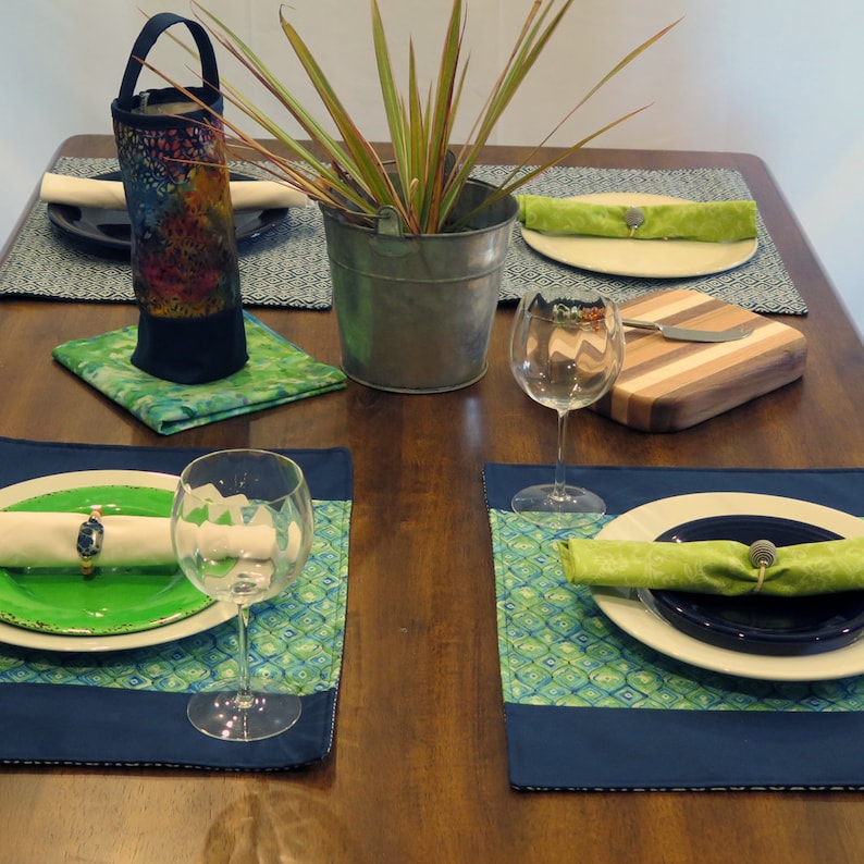 Placemats Set of 4 Blue and Green Geometric Design with Navy Etsy