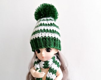 Christmas hat with pompom and matching scarf Stripes in green/white for 6" dolls 1:12 scale Christmas gift daughter