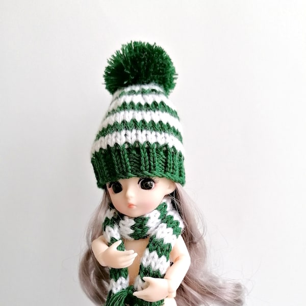 Christmas hat with pompom and matching scarf Stripes in green/white for 6" dolls 1:12 scale Christmas gift daughter