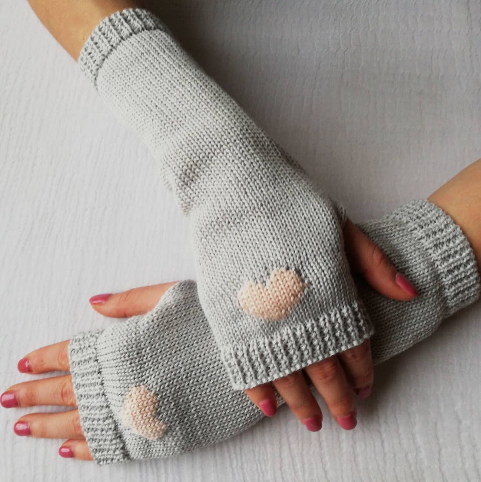 Grey fingerless gloves women with heart Wrist warmers Long Etsy