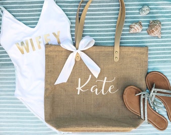 Personalized Bag - Burlap Bags - Bride Tote Bag - Bridesmaid Tote Bag - Beach Bag with Zipper