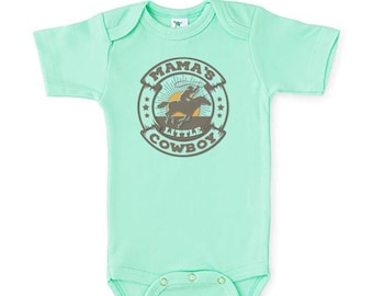 First Rodeo Retro Western One Piece Bodysuit with Buckaroo Cowboy on Horse Cute Southwestern or Western themed baby Onesie\u2122