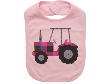 Tractor Bib, Pink Plaid Tractor, Farm Bib, Gift For Newborn, Infant Bibs, Future Farmer, Plaid Bibs, Baby Girl, Farming Baby, Country Baby