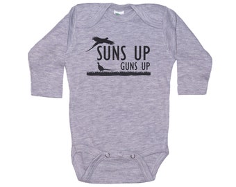 Pheasant Hunting Onesie®, Suns Up Guns Up, Upland Hunting Onesie®, Pheasant Bodysuit, Soft Onesies®, Sublimated Design, Hunting Onesie®