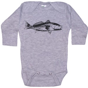 May include: A gray long-sleeve baby onesie with a black silhouette of a redfish on the front.