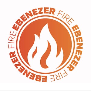 May include: Circular logo with a white flame design inside an orange gradient circle. The words "FIRE EBENEZER" are written in a curved font around the circle's edge. The background is white.