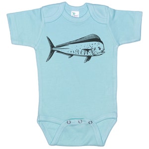 May include: A light blue baby onesie with a black and white illustration of a mahi-mahi fish.
