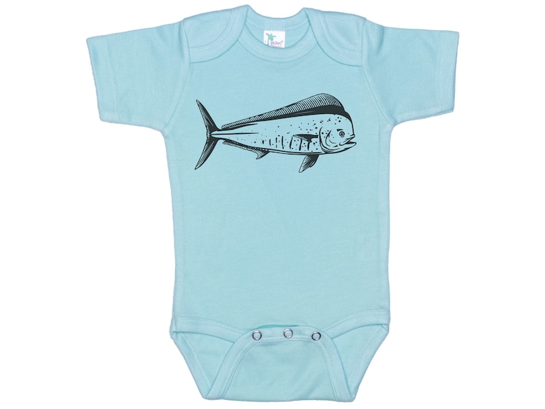 May include: A light blue baby onesie with a black and white illustration of a mahi-mahi fish.