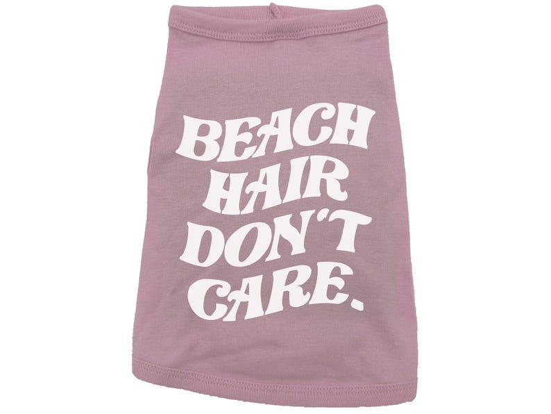 May include: A pink dog shirt with white text that reads "Beach Hair Don't Care."