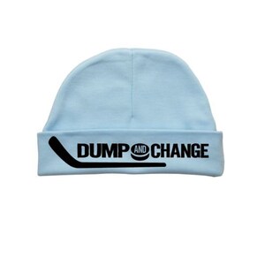 May include: Light blue baby beanie with black text that reads "DUMP AND CHANGE" with a hockey stick and puck graphic.