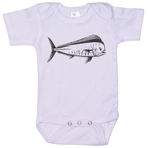 May include: A white baby onesie with a black and white illustration of a mahi-mahi fish.