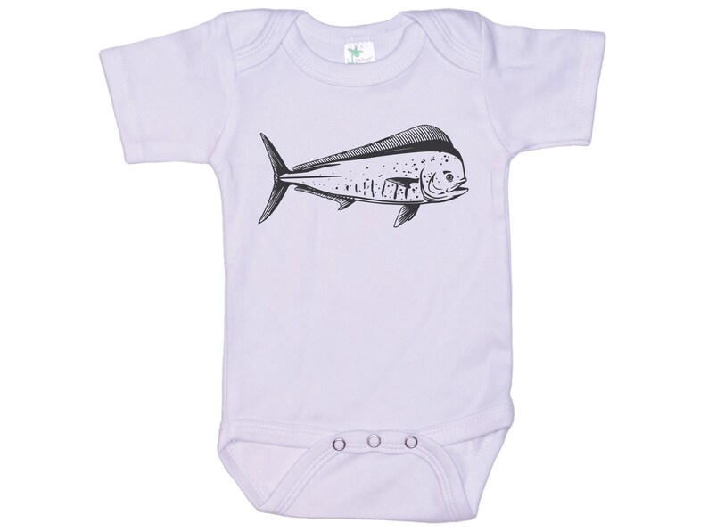 May include: A white baby onesie with a black and white illustration of a mahi-mahi fish.