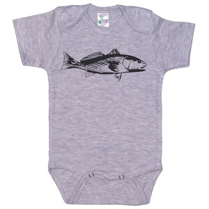 May include: A gray baby onesie with a black silhouette of a redfish.