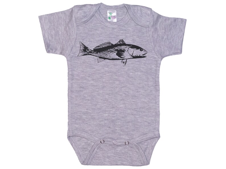 May include: A gray baby onesie with a black silhouette of a redfish.