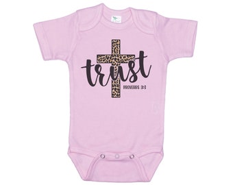 Christian Onesie®, Religious Baby Onesie®, Trust Leopard, Newborn Christian Outfit, Super Soft Bodysuit, Sublimated Design, Jesus Onesie®