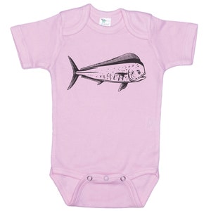 May include: A pink baby onesie with a black and white illustration of a mahi-mahi fish.