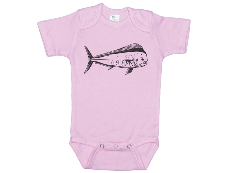 May include: A pink baby onesie with a black and white illustration of a mahi-mahi fish.