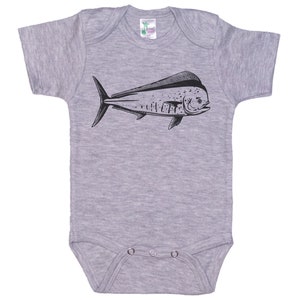 May include: A gray short-sleeved baby onesie with a black silhouette of a mahi-mahi fish.
