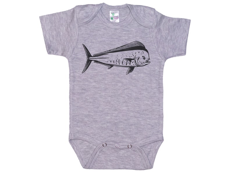 May include: A gray short-sleeved baby onesie with a black silhouette of a mahi-mahi fish.