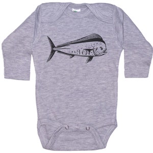 May include: A gray long-sleeve baby onesie with a black and white illustration of a mahi-mahi fish.