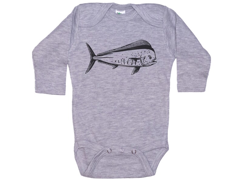 May include: A gray long-sleeve baby onesie with a black and white illustration of a mahi-mahi fish.