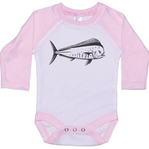 May include: A pink and white long-sleeved baby onesie with a black and white illustration of a mahi-mahi fish.