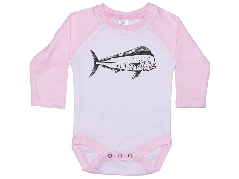 May include: A pink and white long-sleeved baby onesie with a black and white illustration of a mahi-mahi fish.
