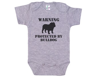 Bulldog Onesie®, Warning Protected By Bulldog, Bulldog Bodysuit, Bulldog Romper, English Bulldog, Baby Bulldog Outfit, Bulldog Creeper, Cute