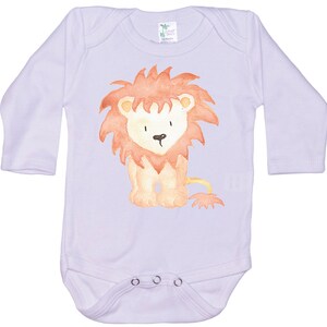 May include: A lavender long-sleeved baby onesie with a watercolor illustration of a cartoon lion with a brown mane and a yellow tail.
