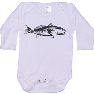 May include: A white long-sleeve baby onesie with a black silhouette of a redfish.
