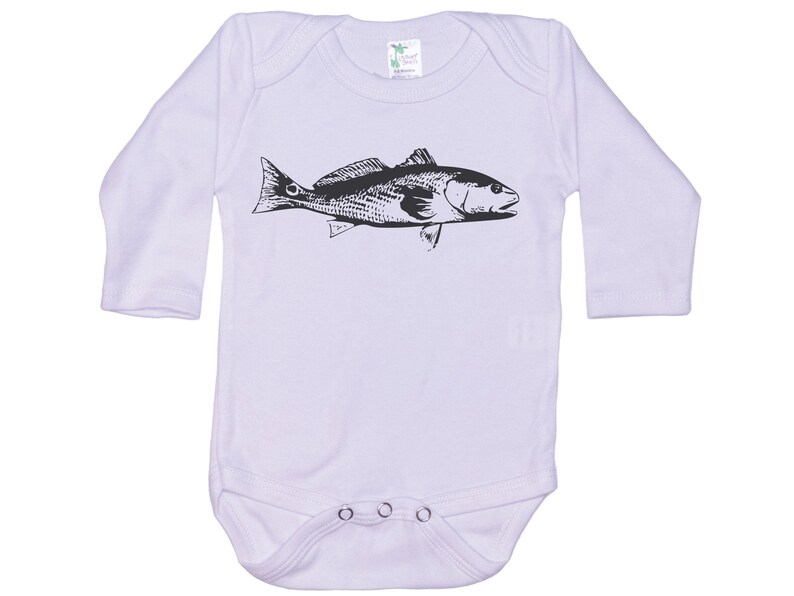 May include: A white long-sleeve baby onesie with a black silhouette of a redfish.