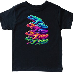 May include: Black t-shirt with a graphic of four stacked frogs in rainbow colors. The frogs are green, blue, pink, and orange.