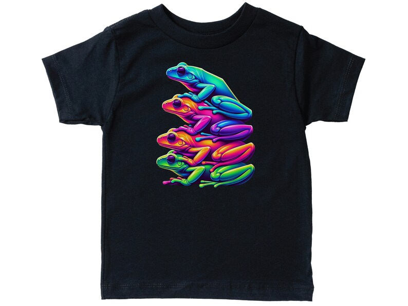 May include: Black t-shirt with a graphic of four stacked frogs in rainbow colors. The frogs are green, blue, pink, and orange.