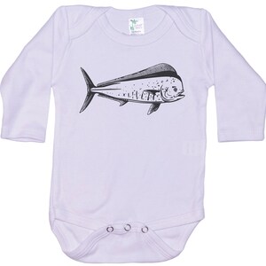 May include: A white long-sleeved baby onesie with a black and white illustration of a mahi-mahi fish.